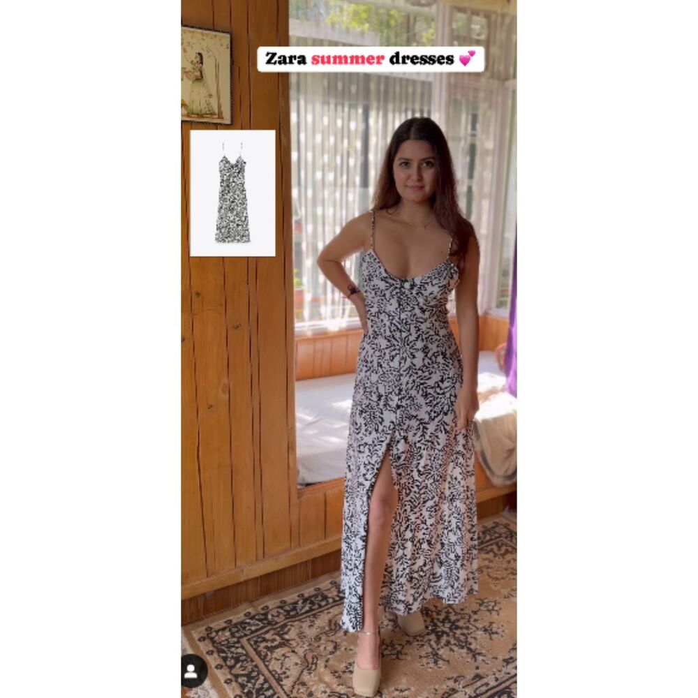 Zara White and Black Printed Midi Dress